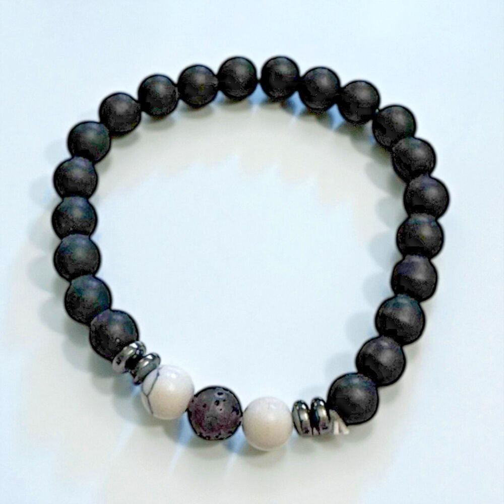 Black Agate Magnesite & Lava Stone Stretch Bracelet Aromatherapy Style Unisex